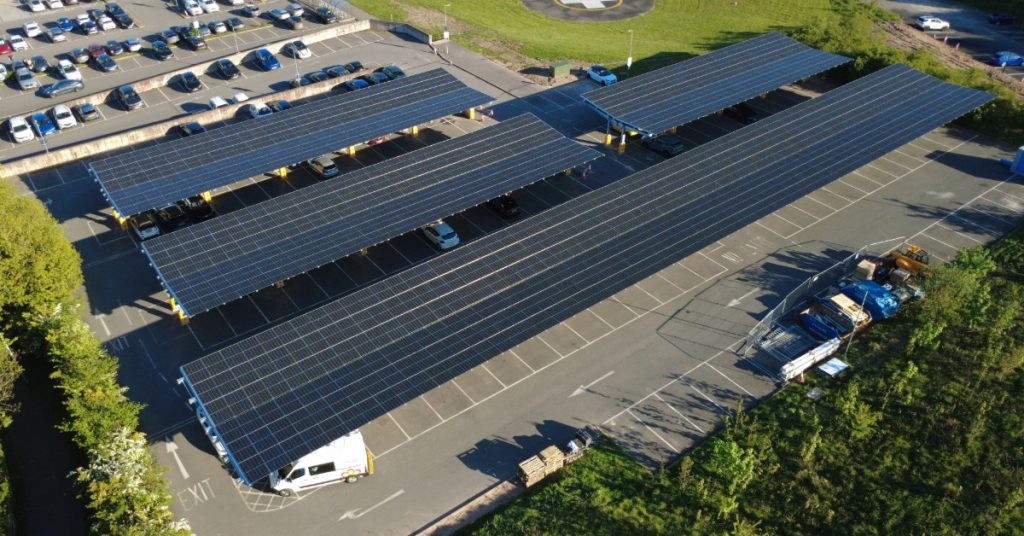 Aerial view of the Princess Royal Hospital Telford solar canopy delivering 436kW of clean power.