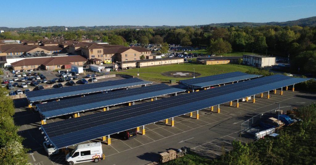 Aerial view of The Princess Royal Hospital solar carport and Women & Children’s Centre rooftop array in Telford.