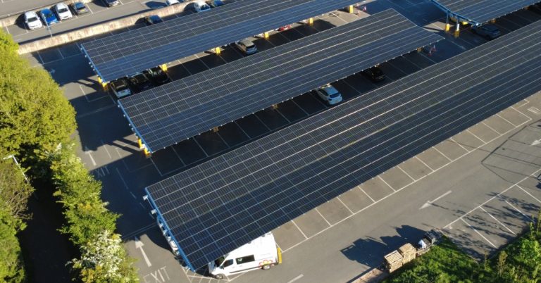 Detail aerial view of The Princess Royal Hospital solar carport in Telford.